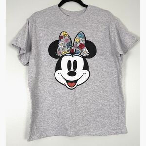 Disney Minnie Mouse T Shirt Womens Medium Gray Floral Ears Graphic Tee